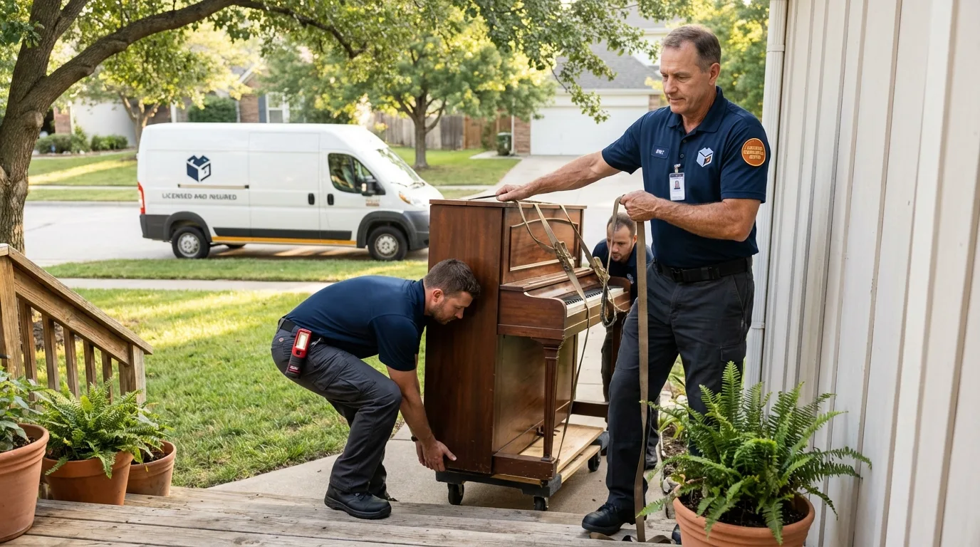 Licensed piano movers securing grand piano in Ellsworth, ME